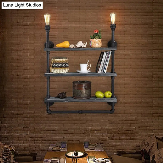 Loft Style 3-Tier Pipe Shelf Wall Lamp With Black Iron Finish And 2 Lights