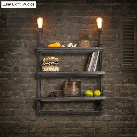 Loft Style 3-Tier Pipe Shelf Wall Lamp With Black Iron Finish And 2 Lights