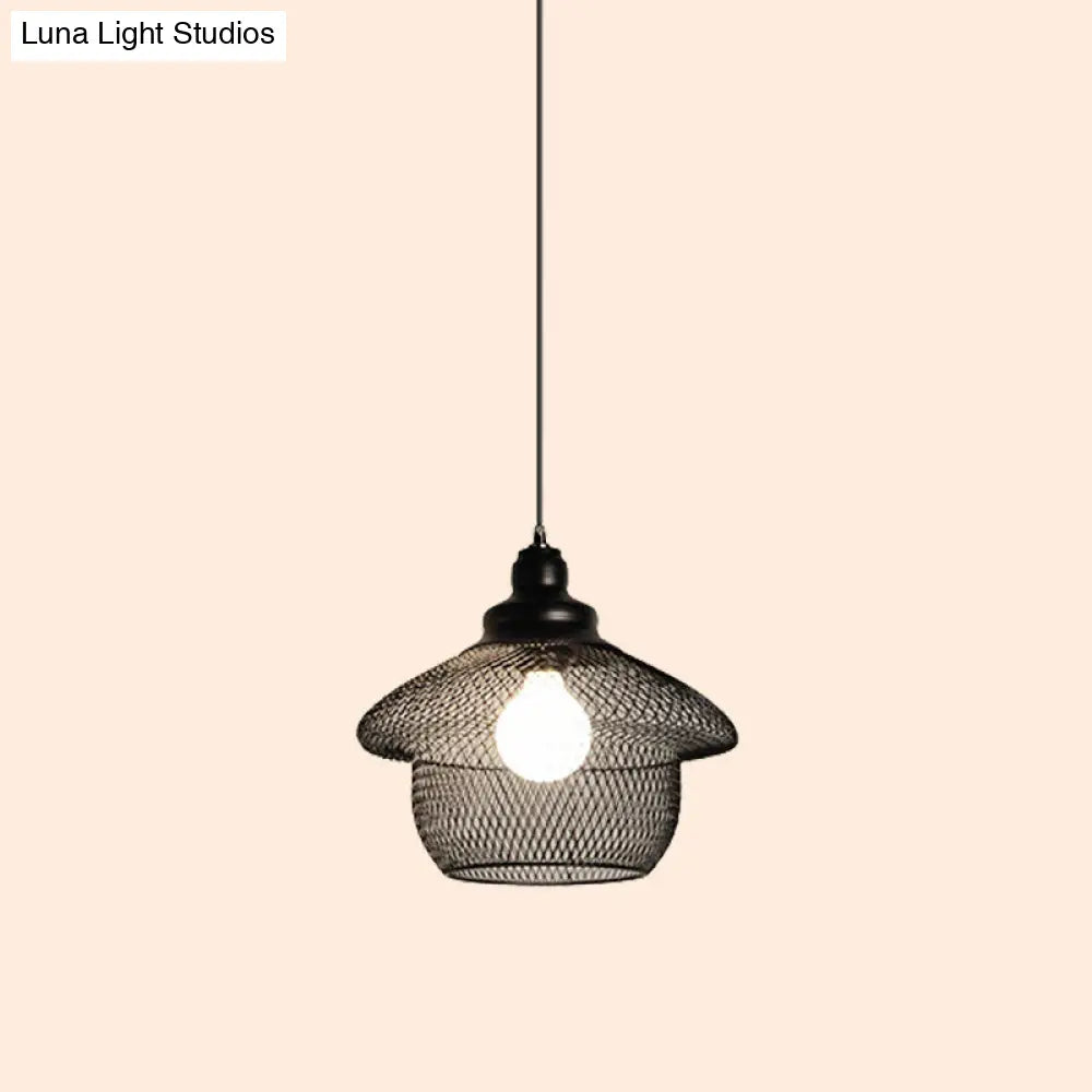 Mesh Drop Pendant Loft Style Black Iron Ceiling Lamp - 1-Light Dome/Bell/Oval Design For Dining Room