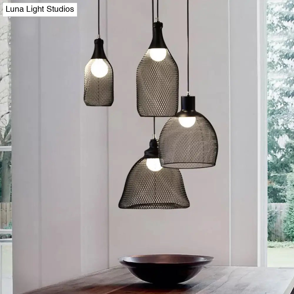 Mesh Drop Pendant Loft Style Black Iron Ceiling Lamp - 1-Light Dome/Bell/Oval Design For Dining Room