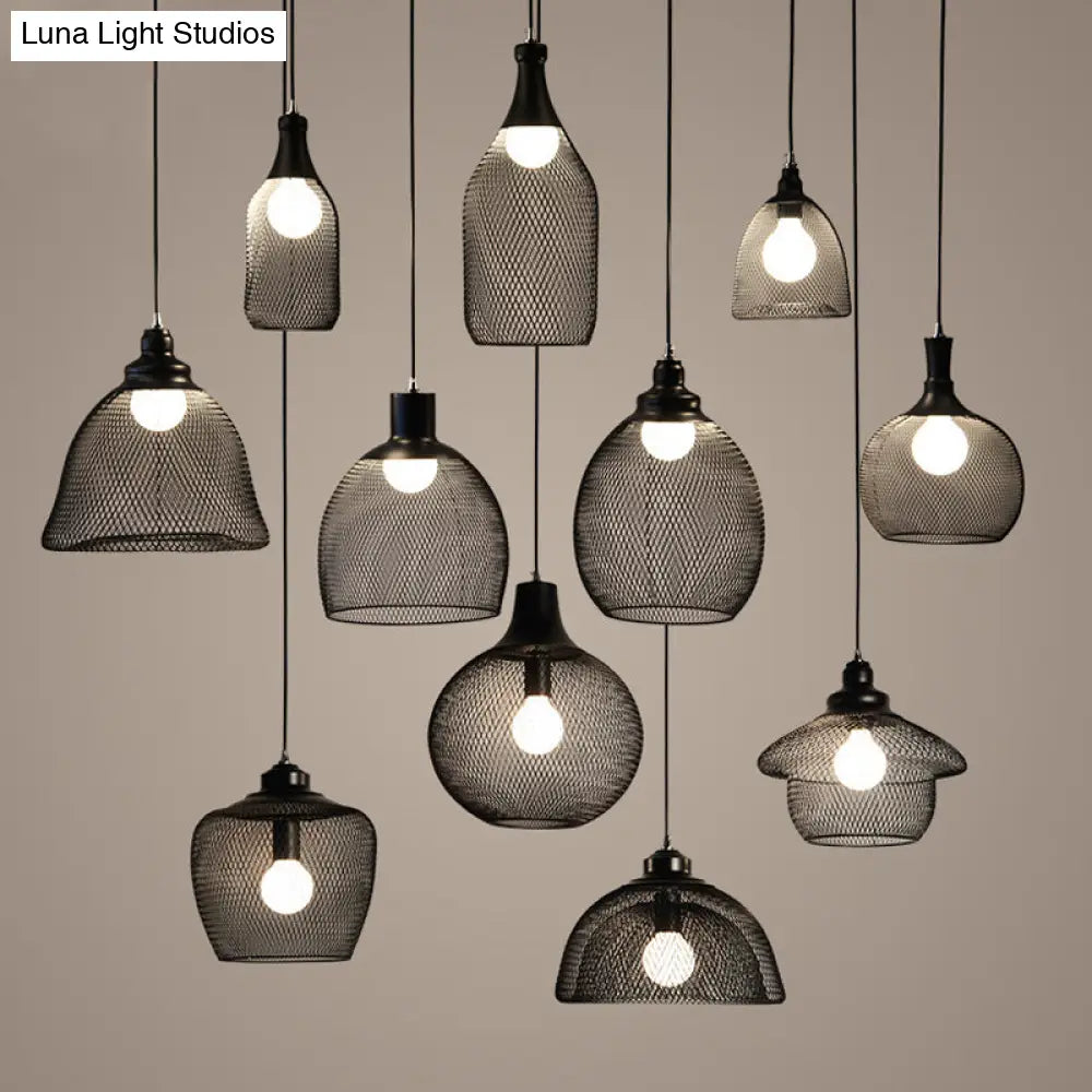 Loft Style Black Iron Mesh Drop Pendant Ceiling Suspension Lamp For Dining Room - 1-Light