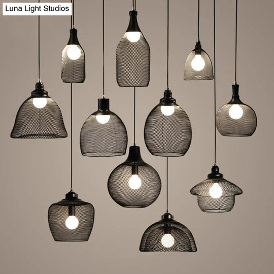 Loft Style Black Iron Mesh Drop Pendant Ceiling Suspension Lamp For Dining Room - 1-Light