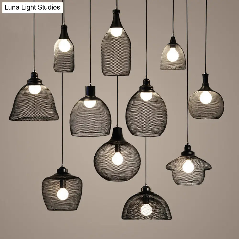 Mesh Drop Pendant Loft Style Black Iron Ceiling Lamp - 1-Light Dome/Bell/Oval Design For Dining Room