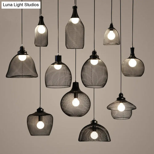 Mesh Drop Pendant Loft Style Black Iron Ceiling Lamp - 1-Light Dome/Bell/Oval Design For Dining Room