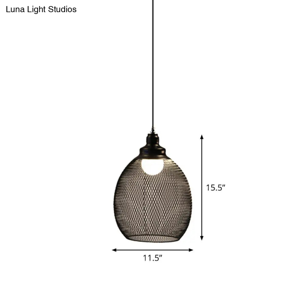 Mesh Drop Pendant Loft Style Black Iron Ceiling Lamp - 1-Light Dome/Bell/Oval Design For Dining Room