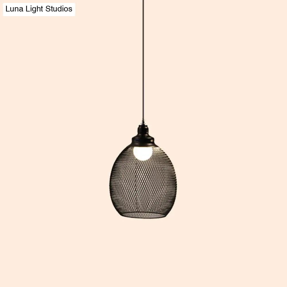 Mesh Drop Pendant Loft Style Black Iron Ceiling Lamp - 1-Light Dome/Bell/Oval Design For Dining Room