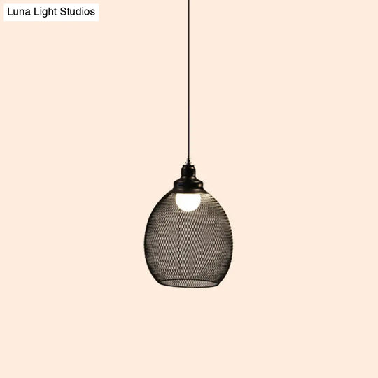 Mesh Drop Pendant Loft Style Black Iron Ceiling Lamp - 1-Light Dome/Bell/Oval Design For Dining Room