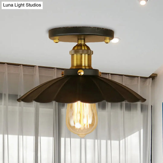 Loft Style Black Scalloped Edge Semi Flush Mount Light - 2 Lights Metal Ceiling Mounted Indoor