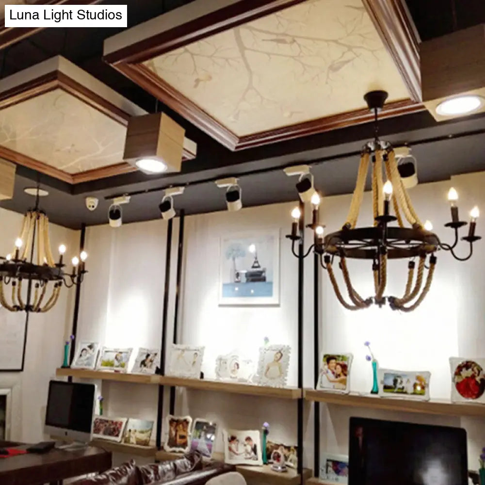 Loft Style Candelabrum Chandelier With 8 Bulbs And Hemp Rope - Black Hanging Lamp For Living Room