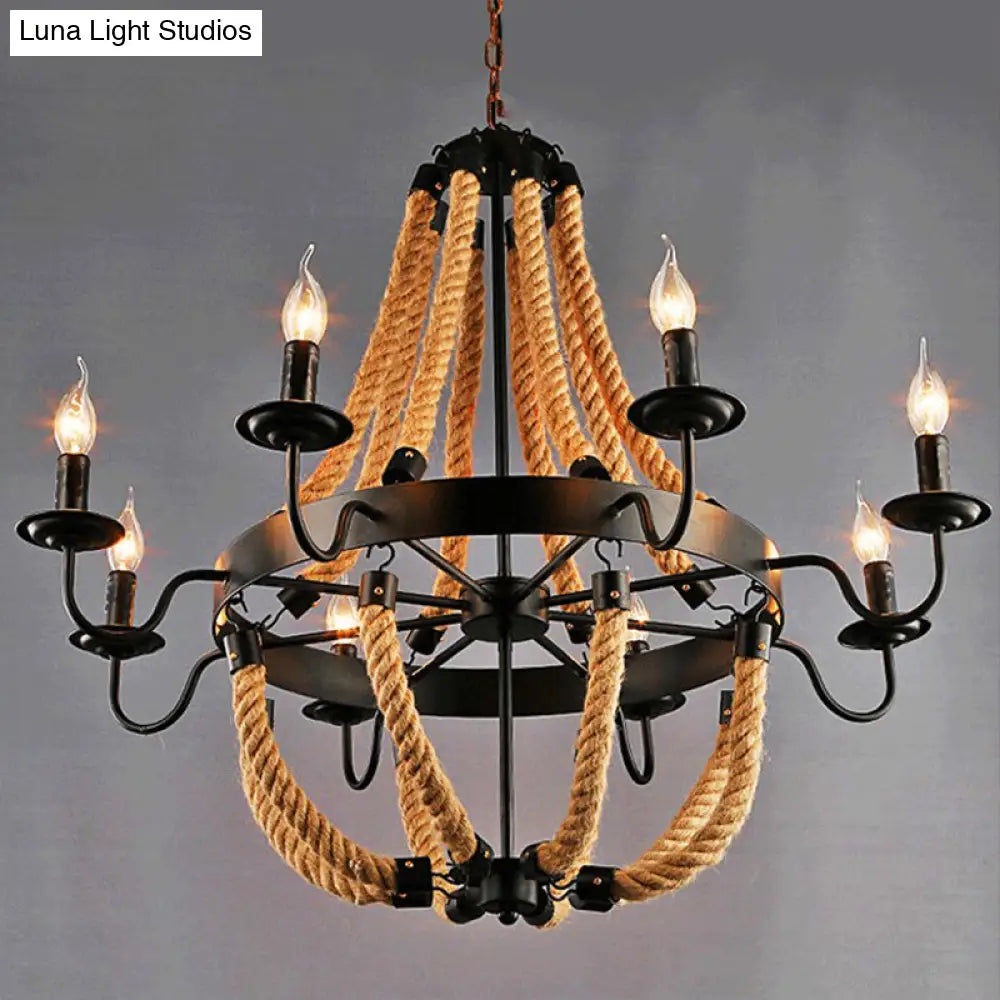 Loft Style Candelabrum Chandelier With 8 Bulbs And Hemp Rope - Black Hanging Lamp For Living Room