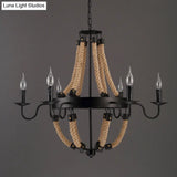 Loft Style Candelabrum Chandelier With 8 Bulbs And Hemp Rope - Black Hanging Lamp For Living Room