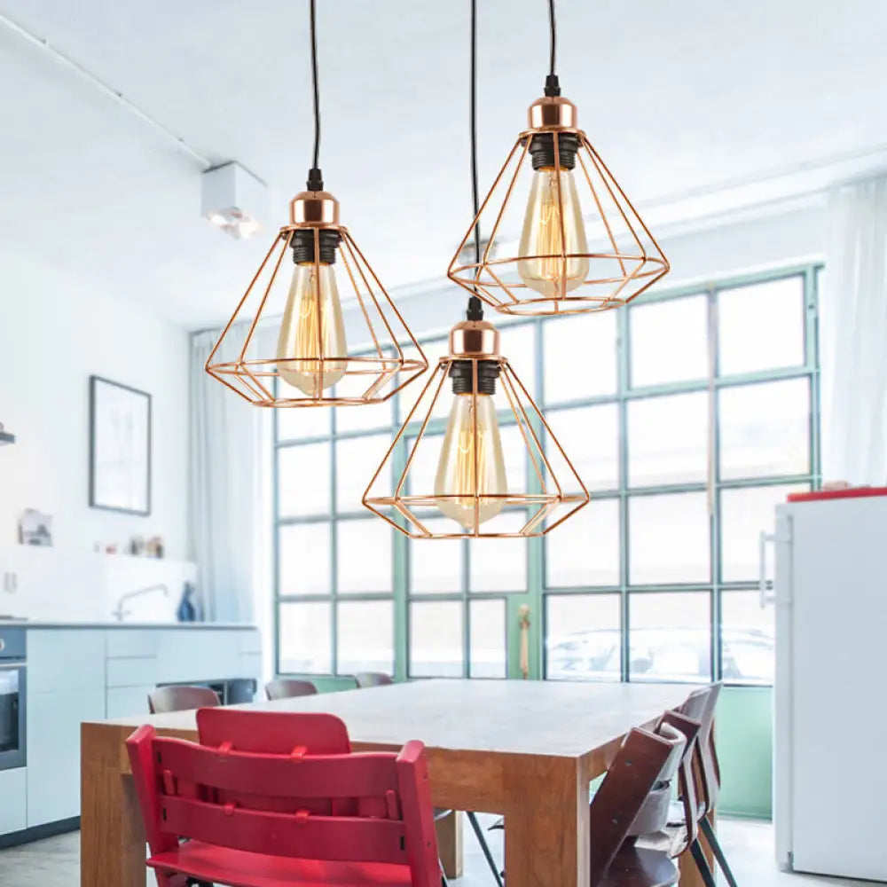 Loft Style Copper Diamond Caged Pendant Lamp - 3 Lights Black Finish / Round