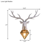 Loft Style Elk Resin Wall Lamp With Diamond Cage Shade - Black/White/Gold Sconce Light 14.5/19.5 W