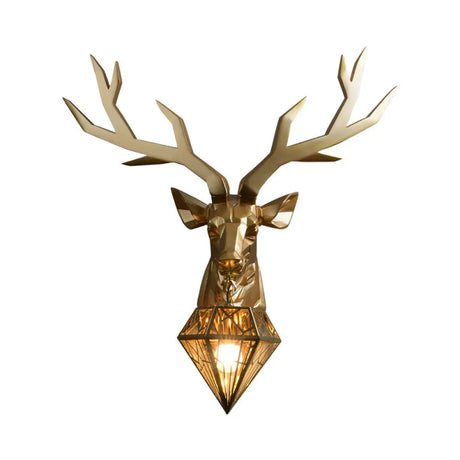 Loft Style Elk Resin Wall Lamp With Diamond Cage Shade - Black/White/Gold Sconce Light 14.5/19.5 W