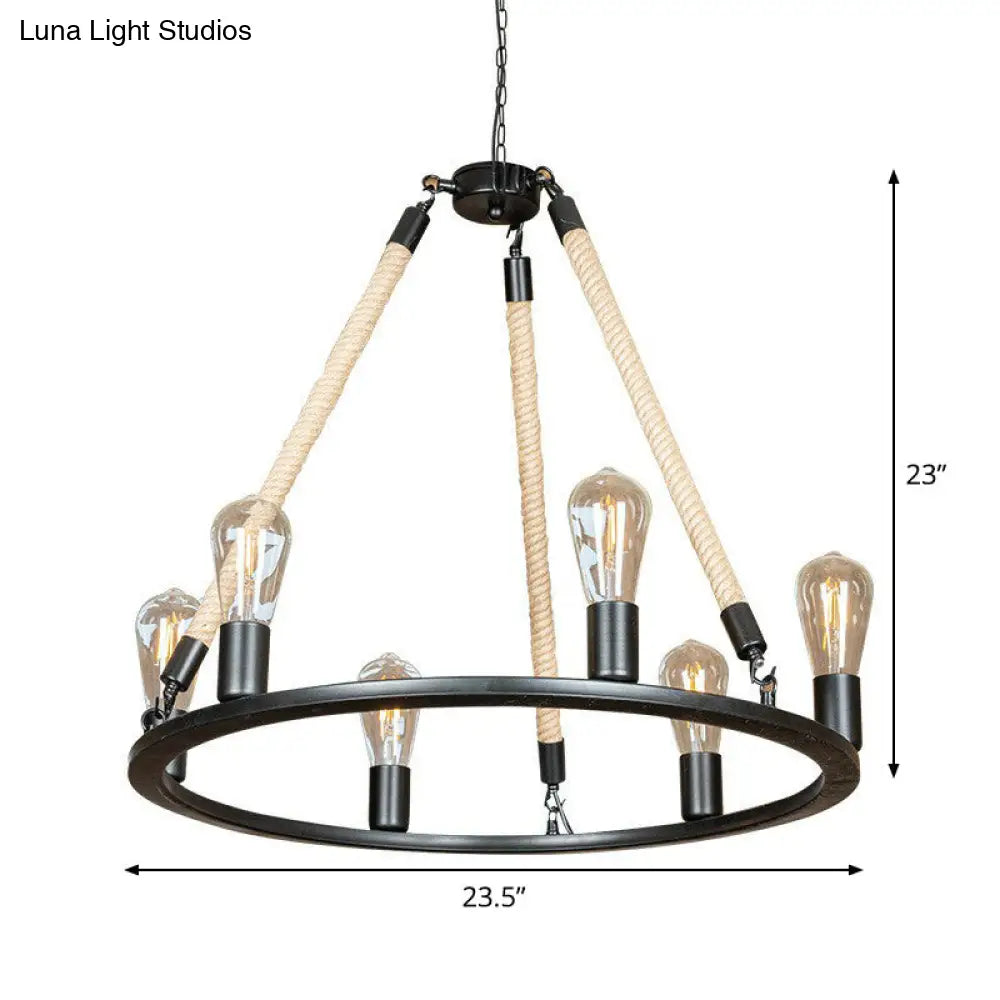 Black Iron Hanging Chandelier With Rope Cord - Loft Style 6-Head Design