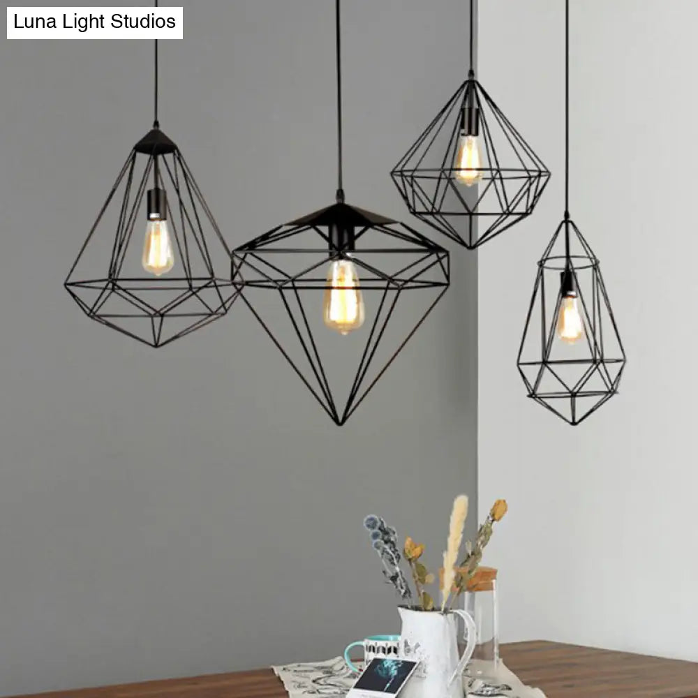 Iron Wire Cage Pendant Lamp - Loft Style 1-Head Suspension Light Fixture For Dining Room Black /