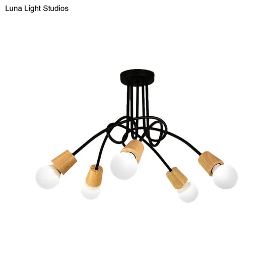 Loft Style Metal Ceiling Light With Open Bulb & Twisted Arm – 3/5 Lights Wood Accent Perfect For