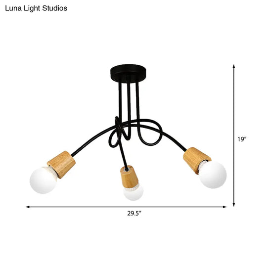 Loft Style Metal Ceiling Light With Open Bulb & Twisted Arm – 3/5 Lights Wood Accent Perfect For