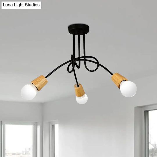 Loft Style Metal Ceiling Light With Open Bulb & Twisted Arm 3/5 Lights Wood Accent Perfect For