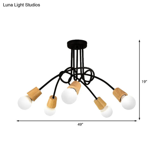 Loft Style Metal Ceiling Light With Open Bulb & Twisted Arm 3/5 Lights Wood Accent Perfect For