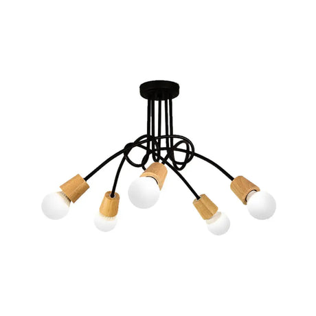 Loft Style Metal Ceiling Light With Open Bulb & Twisted Arm – 3/5 Lights Wood Accent Perfect For