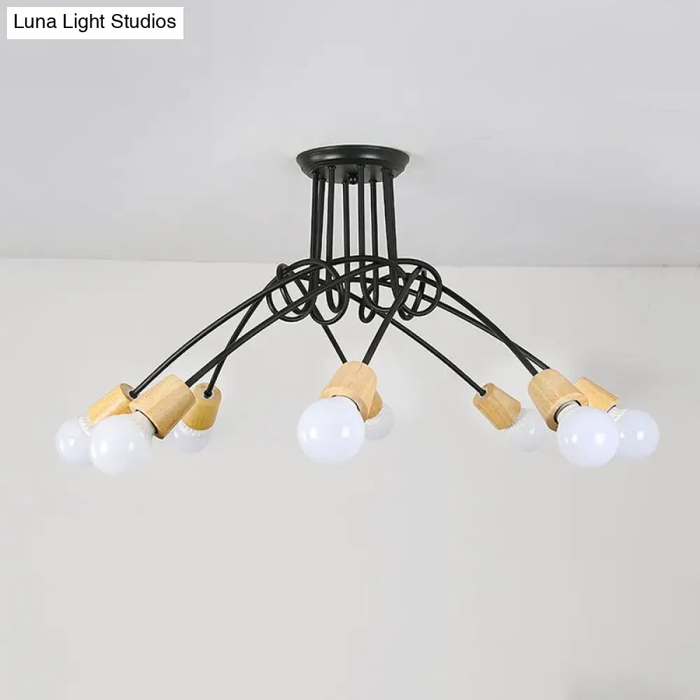 Loft Style Metal Ceiling Light With Open Bulb & Twisted Arm – 3/5 Lights Wood Accent Perfect For