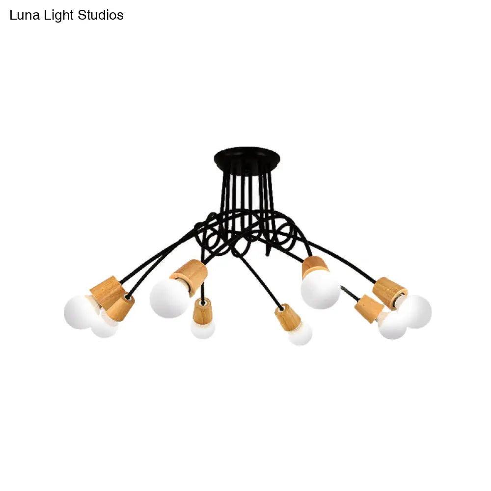 Loft Style Metal Ceiling Light With Open Bulb & Twisted Arm 3/5 Lights Wood Accent Perfect For