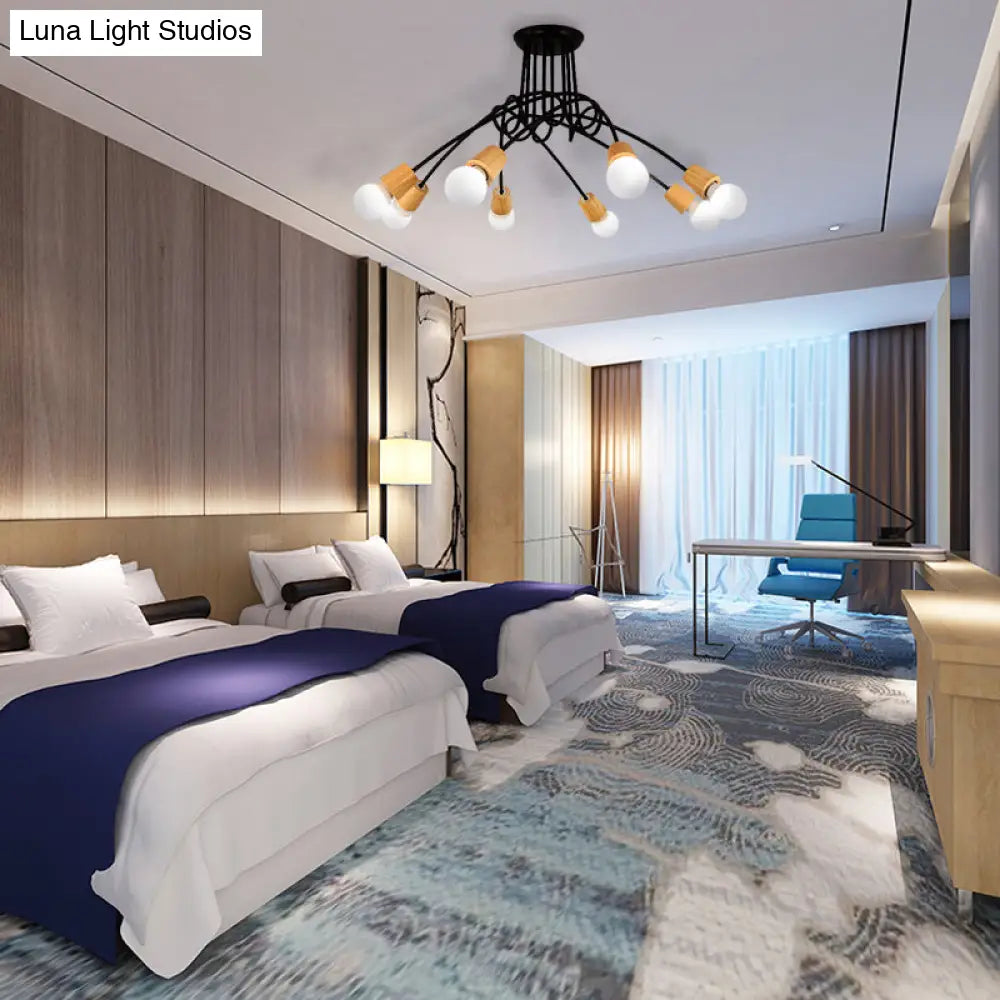 Loft Style Metal Ceiling Light With Open Bulb & Twisted Arm – 3/5 Lights Wood Accent Perfect For