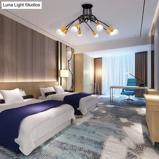 Loft Style Metal Ceiling Light With Open Bulb & Twisted Arm – 3/5 Lights Wood Accent Perfect For