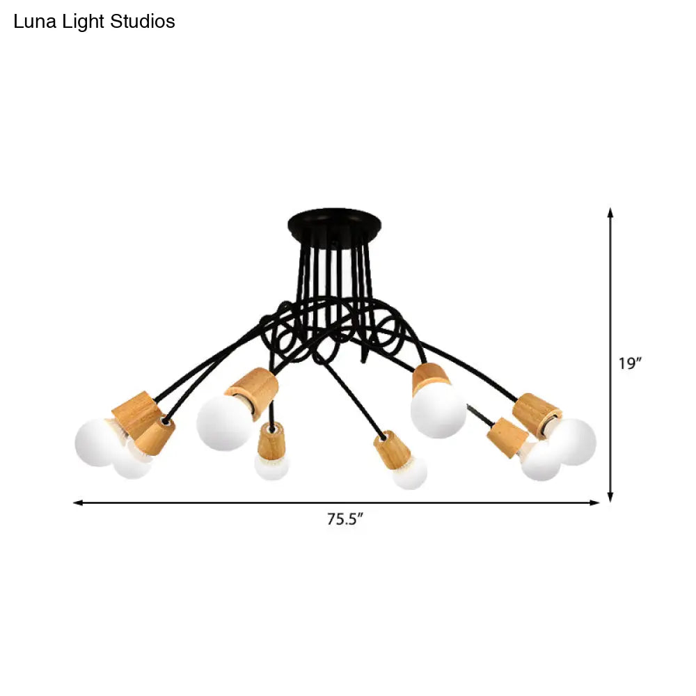 Loft Style Metal Ceiling Light With Open Bulb & Twisted Arm 3/5 Lights Wood Accent Perfect For