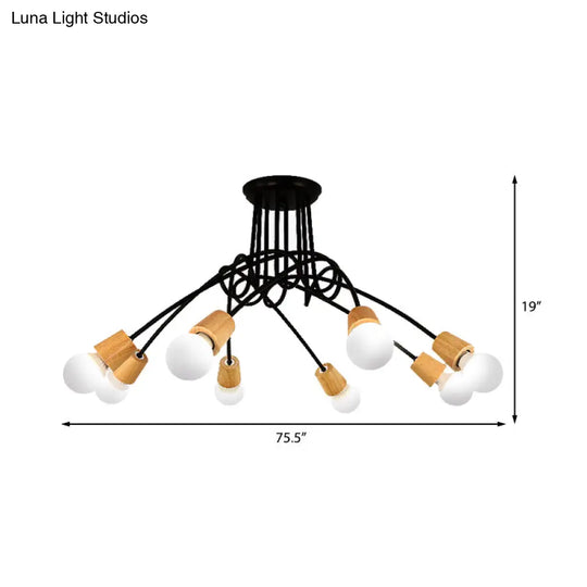 Loft Style Metal Ceiling Light With Open Bulb & Twisted Arm 3/5 Lights Wood Accent Perfect For