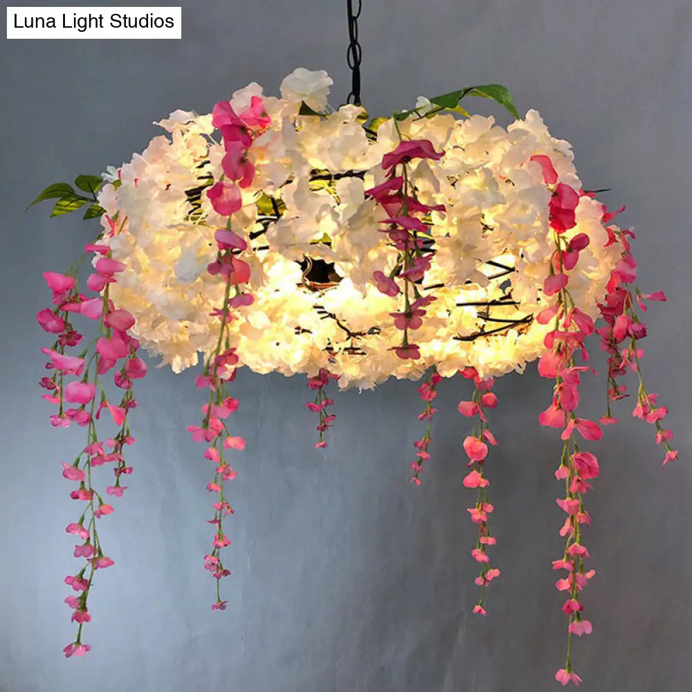 Metal Pendant Light Fixture: 3-Bulb Round Hanging Lamp With Artificial Flowers For Restaurants White