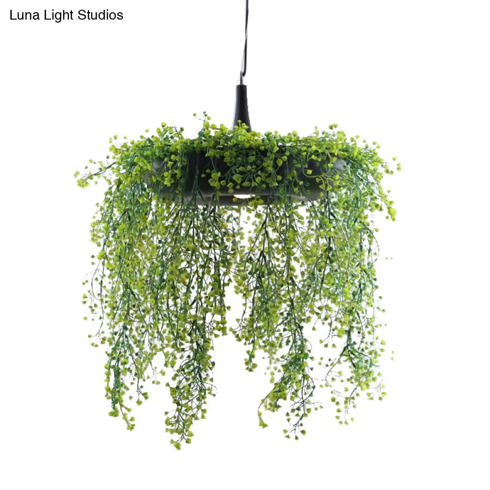 Metal Donut Pendant Light With Artificial Vine Deco - Loft Style Balcony Ceiling Fixture