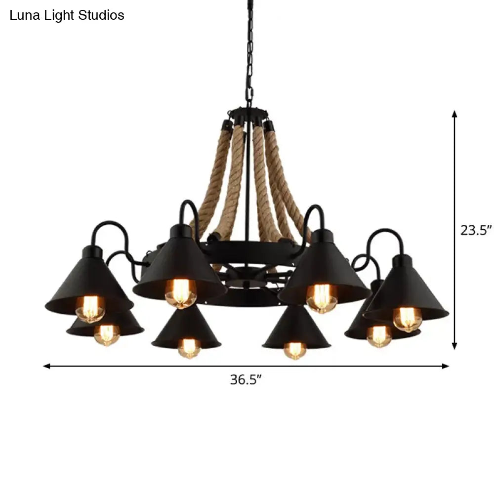 Vintage Rope Pendant Light With Metal Cone Shade - Wheel Restaurant Chandelier Loft Style Brown 6/8
