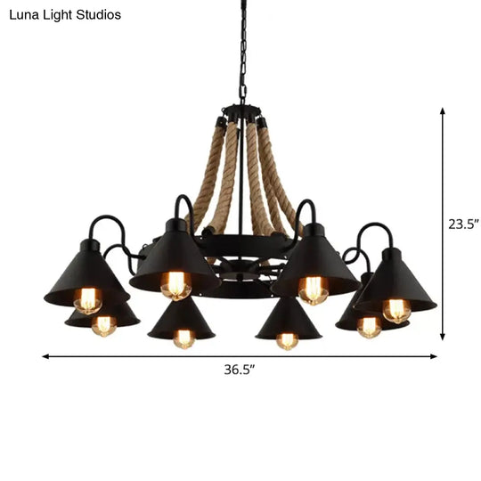 Loft Style Rope Chandelier With Cone Metal Shade - Brown Pendant Light 6/8 Heads