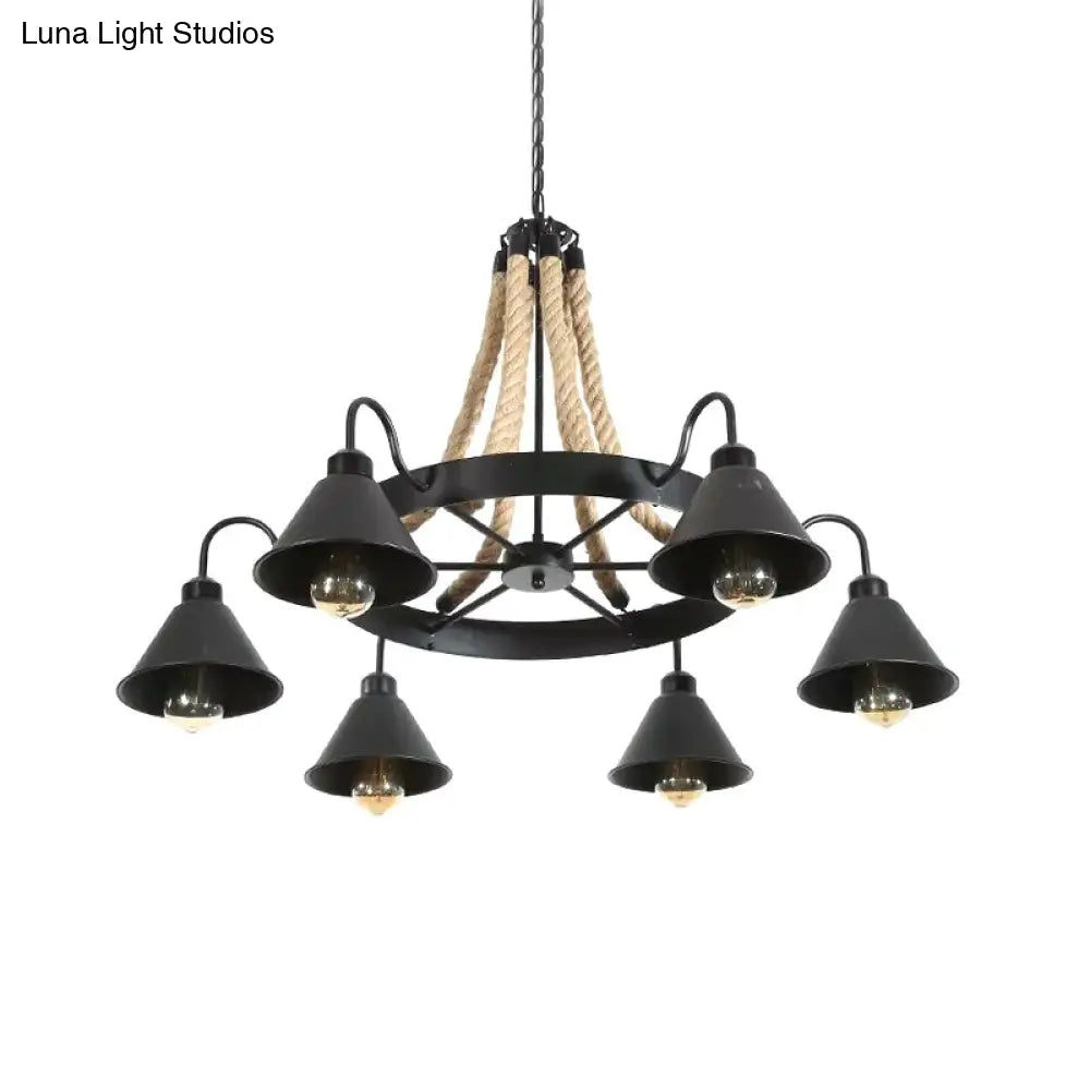 Vintage Rope Pendant Light With Metal Cone Shade - Wheel Restaurant Chandelier Loft Style Brown 6/8