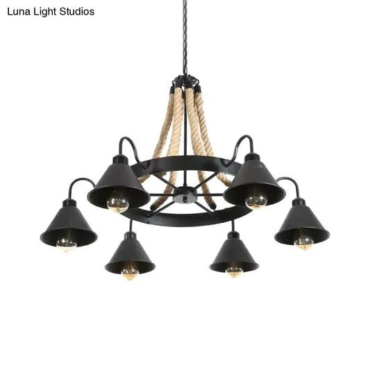 Vintage Rope Pendant Light With Metal Cone Shade - Wheel Restaurant Chandelier Loft Style Brown 6/8