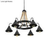 Loft Style Rope Chandelier With Cone Metal Shade - Brown Pendant Light 6/8 Heads