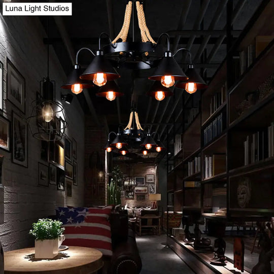 Vintage Rope Pendant Light With Metal Cone Shade - Wheel Restaurant Chandelier Loft Style Brown 6/8