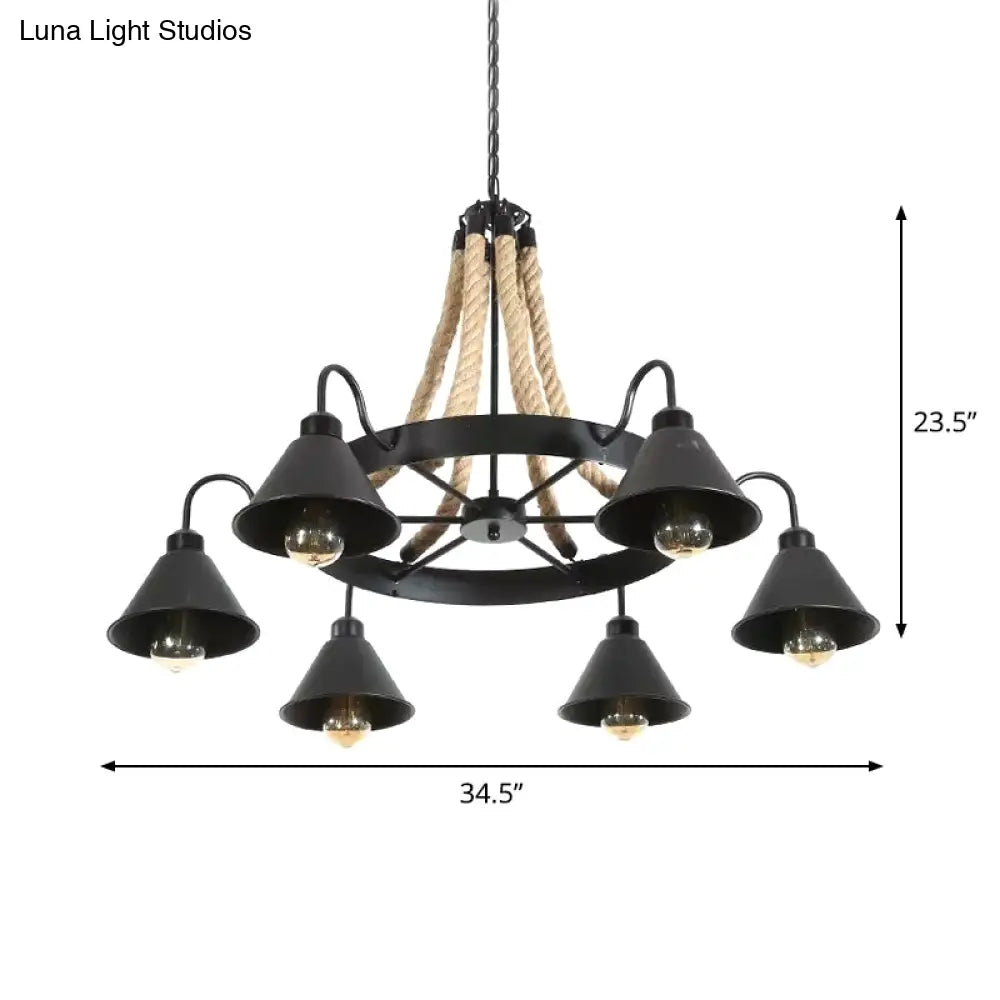 Loft Style Rope Chandelier With Cone Metal Shade - Brown Pendant Light 6/8 Heads