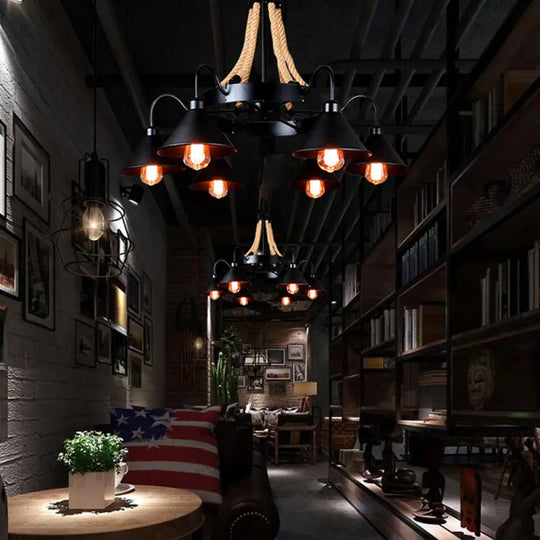 Loft Style Rope Chandelier With Cone Metal Shade - Brown Pendant Light 6/8 Heads 6 /