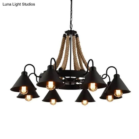 Vintage Rope Pendant Light With Metal Cone Shade - Wheel Restaurant Chandelier Loft Style Brown 6/8