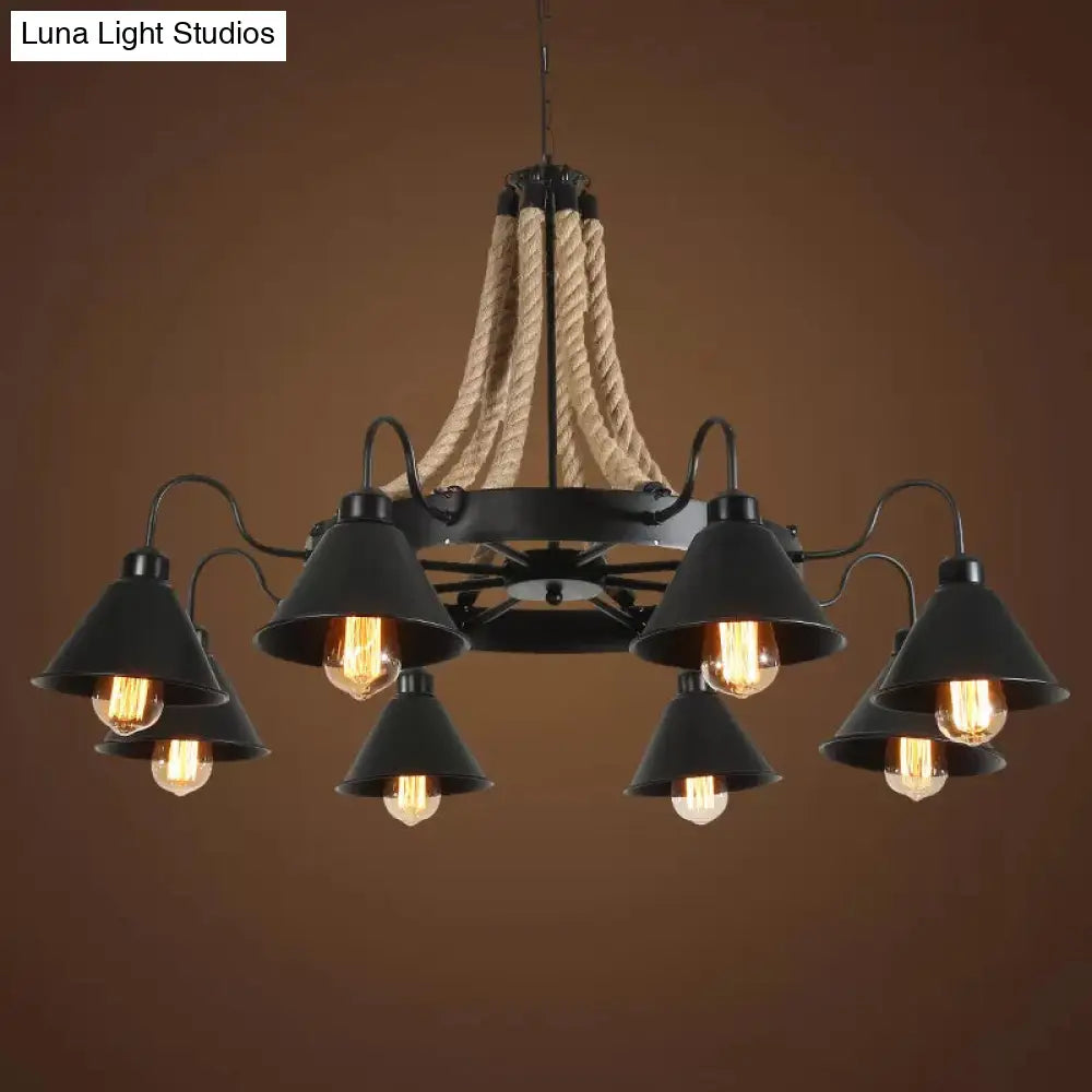 Vintage Rope Pendant Light With Metal Cone Shade - Wheel Restaurant Chandelier Loft Style Brown 6/8