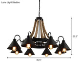 Loft Style Rope Chandelier With Cone Metal Shade - Brown Pendant Light 6/8 Heads