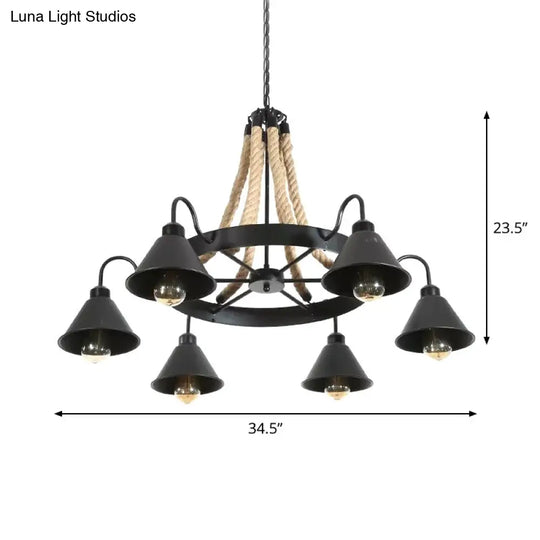 Vintage Rope Pendant Light With Metal Cone Shade - Wheel Restaurant Chandelier Loft Style Brown 6/8