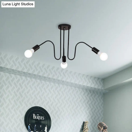 Loft Style Semi-Flush Mount Light: Exposed Metal 3/5 Heads Black/White Finish