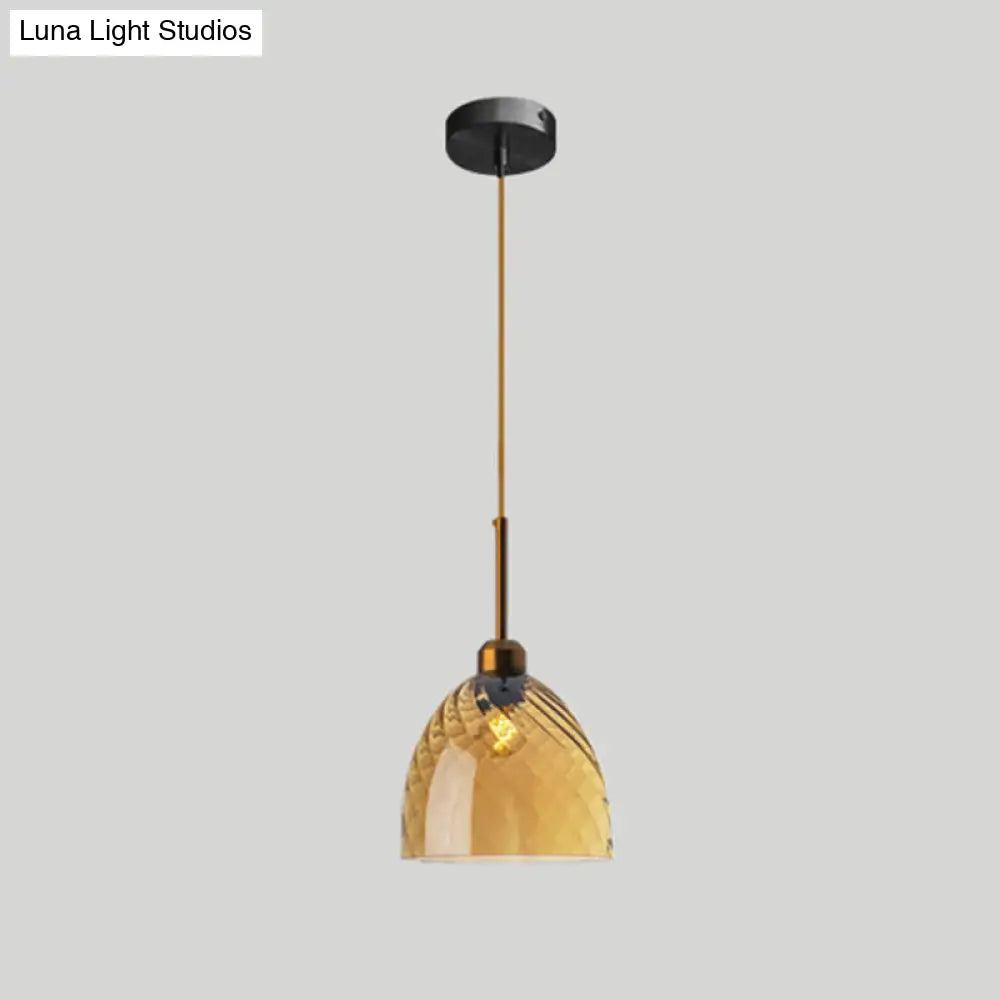 Loft Style Twisted Glass Hanging Lamp - 1 Bulb Dining Room Ceiling Light Fixture Amber / Bell