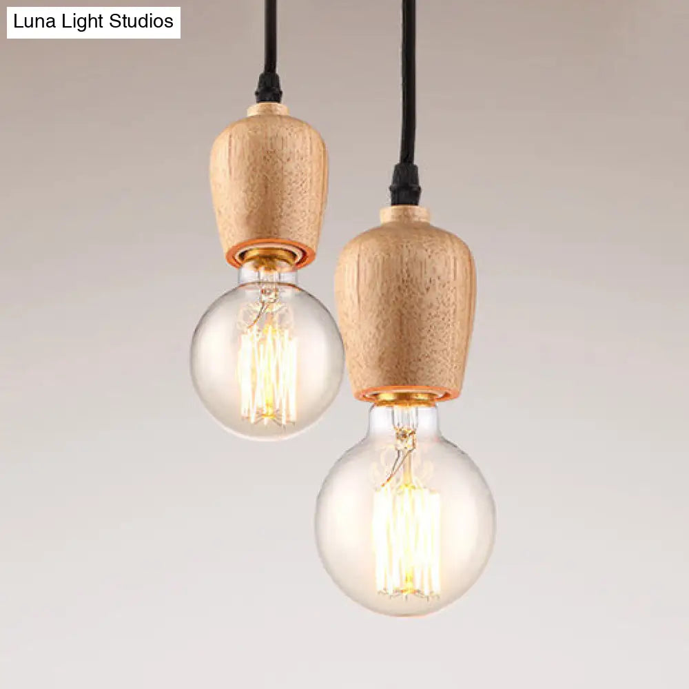 Loft Style Wooden Cap Pendant Light With Adjustable Cord Exposed Bulb - 1 Head 2’/3’ Diameter