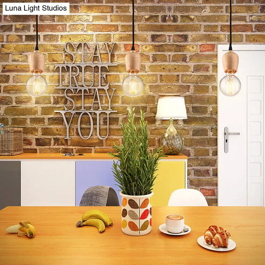 Loft Style Wooden Cap Pendant Light With Adjustable Cord Exposed Bulb - 1 Head 2’/3’ Diameter