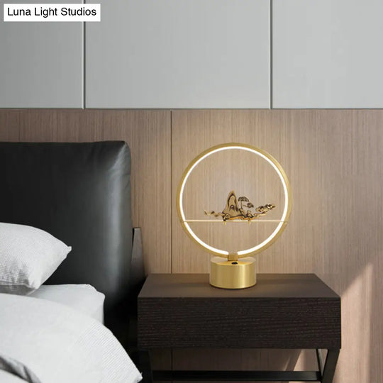 Loop Led Table Light: Artistic Metal Brass Night Lamp With Carved Mountain Decor